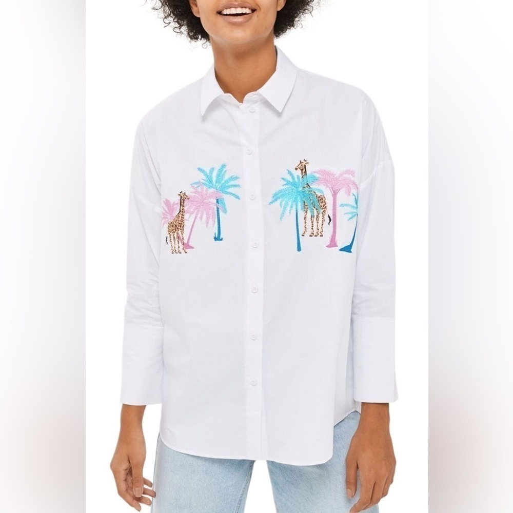Top Shop - Giraffe Pink And Blue Palm Tree Button Down White Shirt Size 6